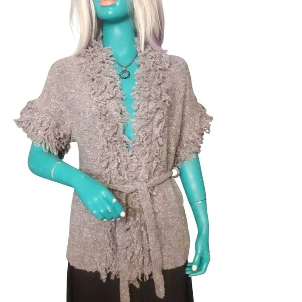 Vertical Design Women’s Gray Fringe Knit Cardigan Sweater Short Sleeve Open Fron